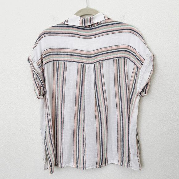 [Sanctuary] White Striped Shimmer Thread Linen Blend Boyfriend Shirt Sz Medium M - Picture 2 of 11